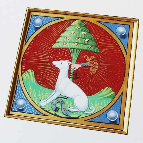 Enluminure sur papier - le chien libéré de sa laisse - or 23 carats, or minéral et pigments