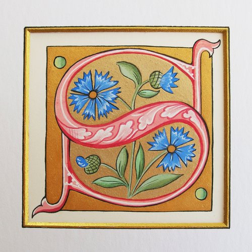 Enluminure sur papier - lettrine s - or minéral et pigments