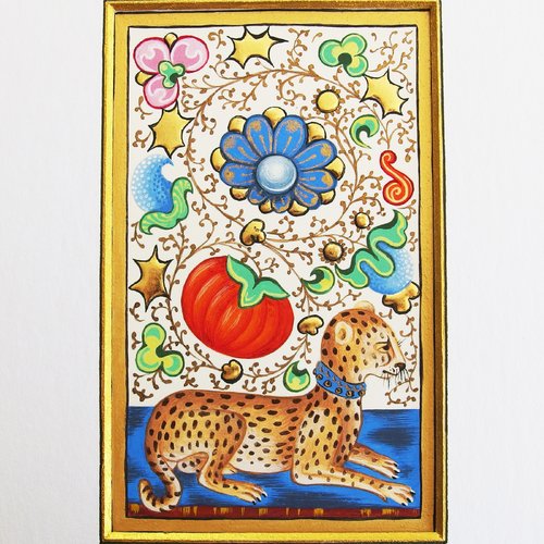 Enluminure sur papier - panthère - or 23 carats, or minéral et pigments