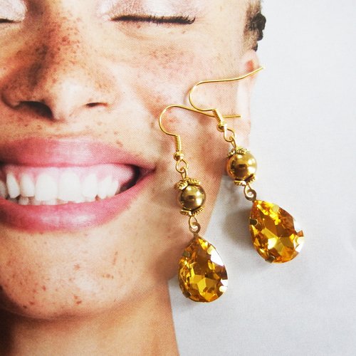 Boucles d'oreilles baroque verre hématite soleil d'or