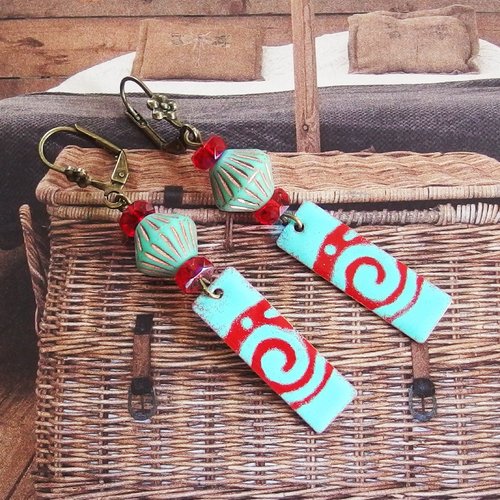 Boucles d'oreilles émail esprit vacances "en voyage au japon" turquoise et rouge