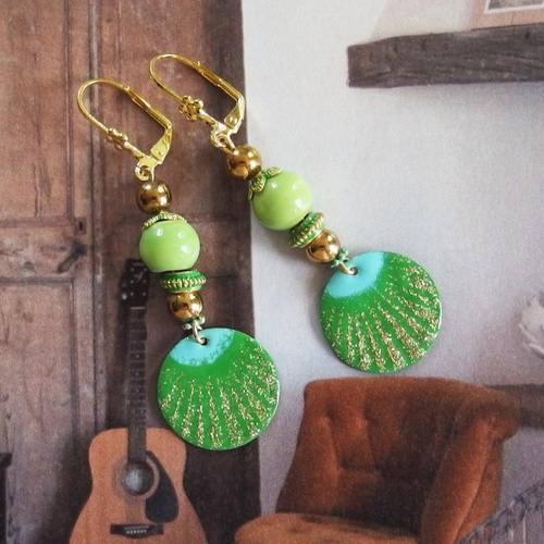 Boucles d'oreilles émail esprit vacances "les champs de blé" vert et or