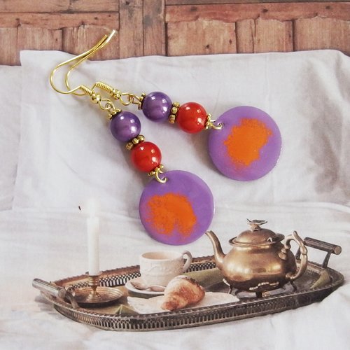 Boucles d'oreilles émail esprit vacances "nuage et ciel " orange et violet