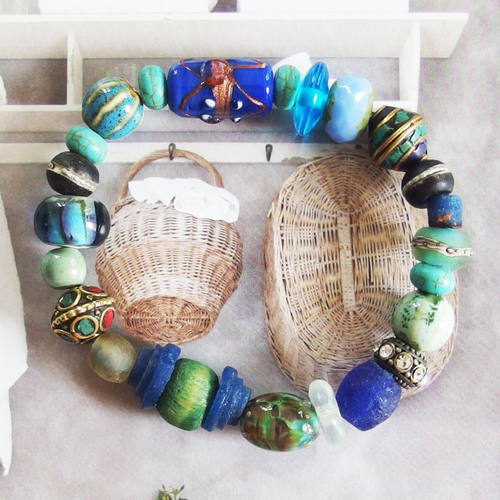 Bracelet boho ethnique tribal perles verre lampwork et os de yak
