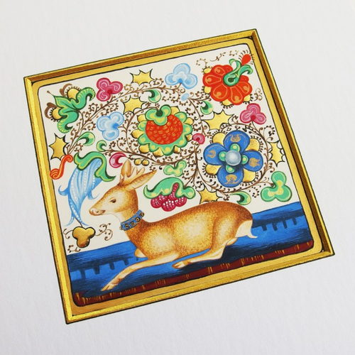 Enluminure sur papier - chevreuil brocard - or 23 carats, or minéral et pigments