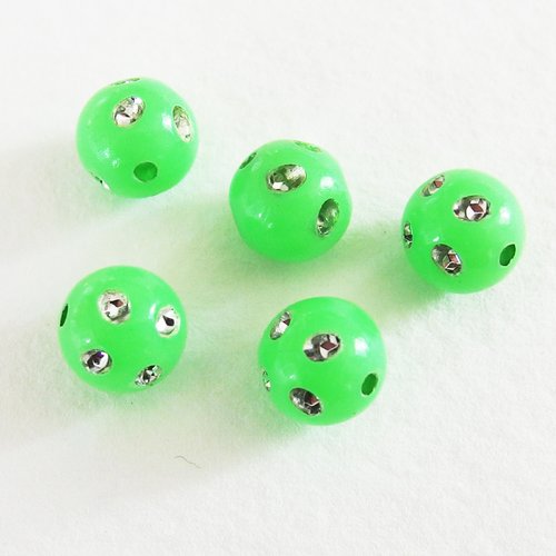 Lot perles strass vert fluo x5