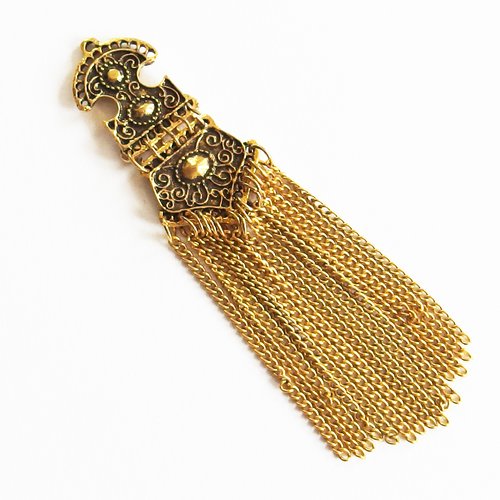 Grand pendentif breloque ethnique tribal pompon chaines or