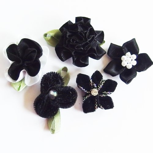 Lot fleurs tissu satin velours noir  x5