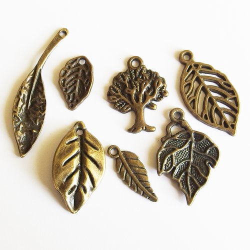 Lot breloques pendentifs feuille bronze x7