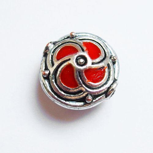Perle tibétaine ethnique métal argent émaillé rouge