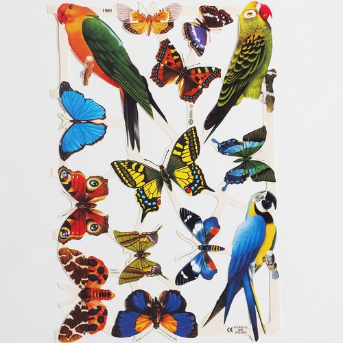 Chromos images anciennes vintage oiseaux perruches et papillons