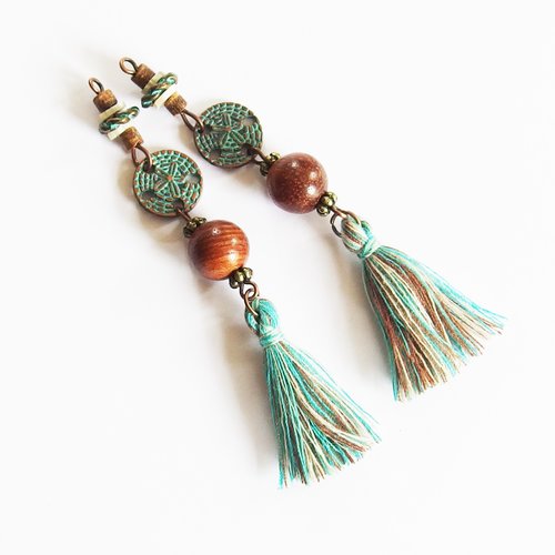 Pendentif bteloque ethnique tribal boho patine vert de gris mykonos avec bois et pompon x2