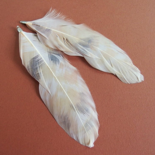 Breloques grandes plumes blanc beige 14cm x2
