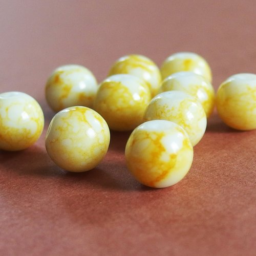 Lot de perles verre jaune marbré 1cm x10
