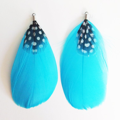Breloques grandes plumes bleu turquoise 10cm x2
