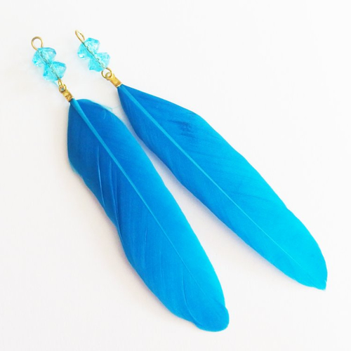 Breloques grandes plumes bleu turquoise avec perles x2