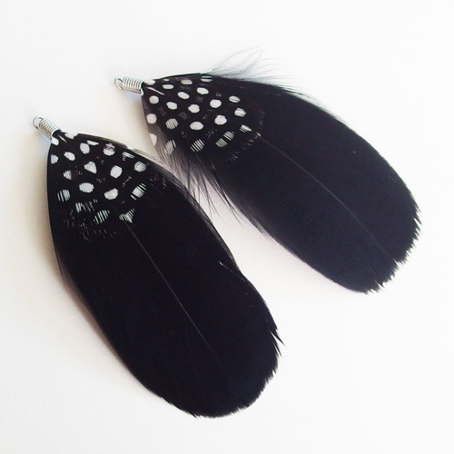 Breloques grandes plumes noir blanc 10cm x2