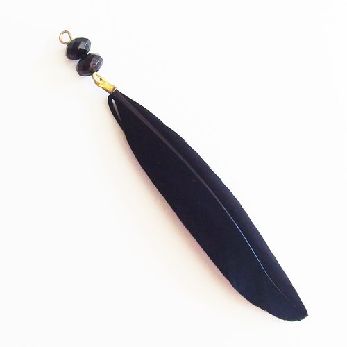 Breloque grande plume noir avec perles 10cm