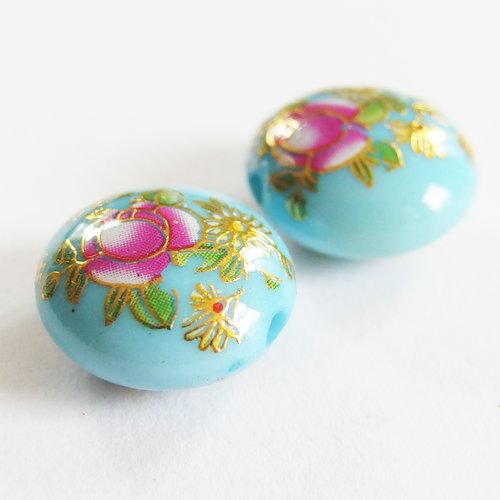 Deux perles acryliques motif fleur bleu