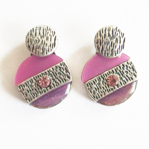 Deux pendentifs moderne métal argent émaillé vieux rose et prune avec strass