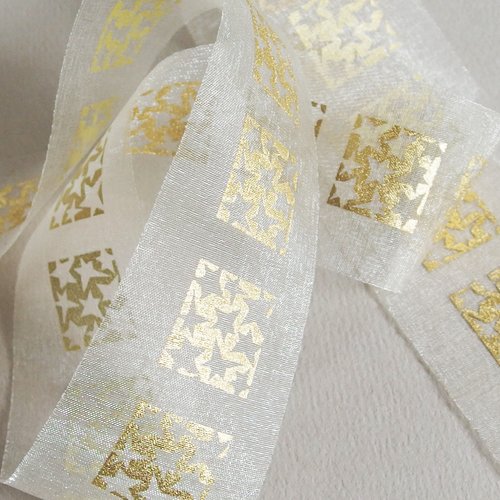 Ruban noël étoiles or organza blanc x1m