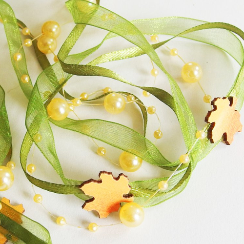 Ruban galon satin organza perles bois vert jaune x1m