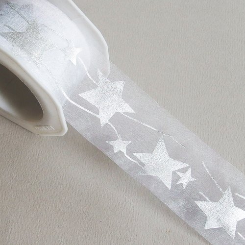 Ruban noël étoiles argent organza blanc x1m