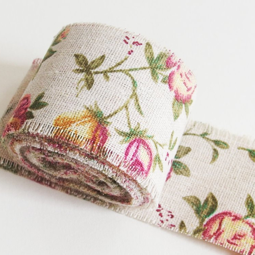 Ruban galon lin imprimé fleurs style campagne - vendu par 10 cm