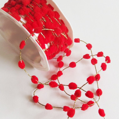 Ruban galon fête noël pompon rouge et fil doré x1m