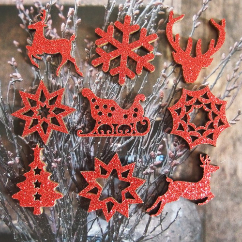 Décoration noël sapin étoile renne bois paillettes rouge x9