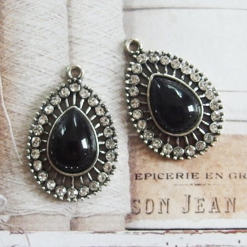 Breloques goutte métal argent strass noir x2