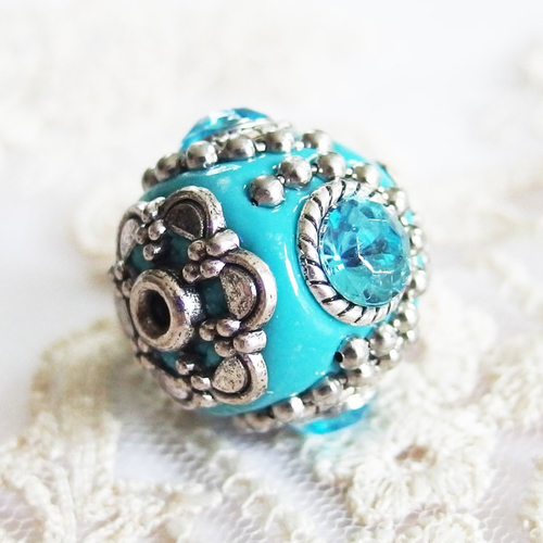 Perle ethnique indonésienne kashmiri strass turquoise argent