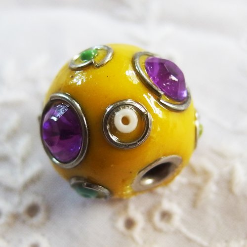 Perle ethnique indonésienne kashmiri jaune violet vert