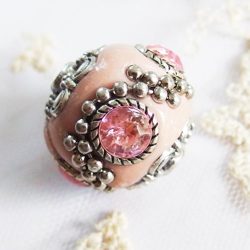 Perle ethnique indonésienne kashmiri rose argent strass