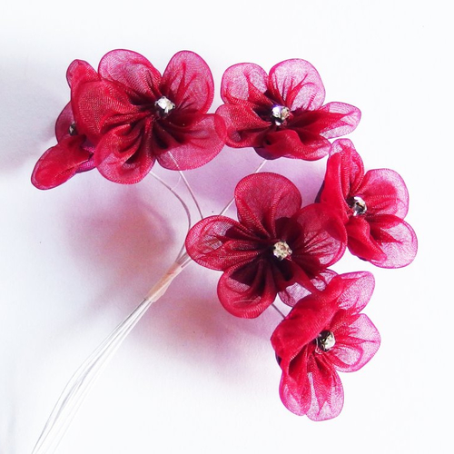 Bouquet fleurs tissu strass rouge bordeaux x6