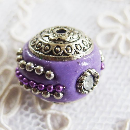 Perle ethnique indonésienne strass kashmiri violet argent