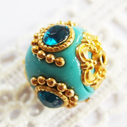 Perle ethnique indonésienne kashmiri strass turquoise or