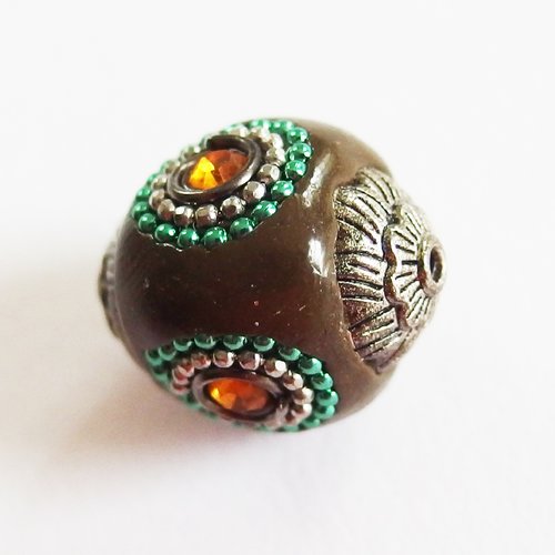 Perle strass ethnique indonésienne kashmiri marron vert argent