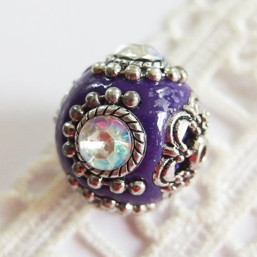 Perle ethnique indonésienne strass kashmiri violet argent