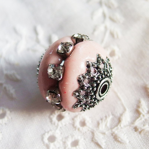 Perle ethnique indonésienne kashmiri rose argent strass