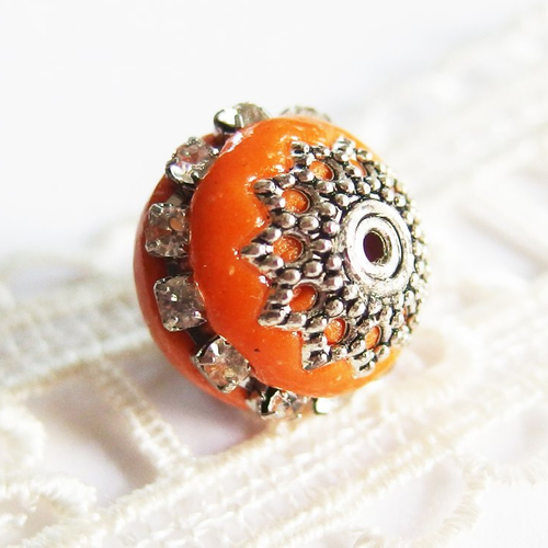 Perle ethnique indonésienne kashmiri orange argent strass