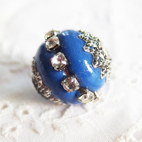 Perle ethnique indonésienne kashmiri bleu argent strass