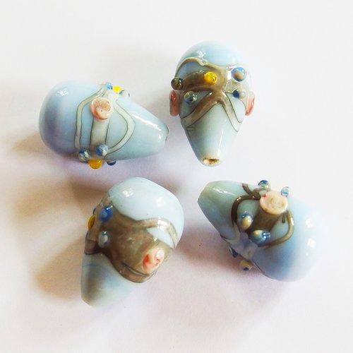 Lot 4 grosses perles verre lampwork bleu clair