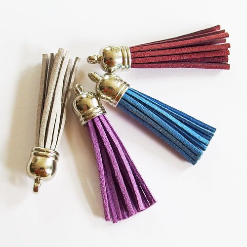 Breloques pompons suédine embout argent assortiment bleu violet gris 55mm x4