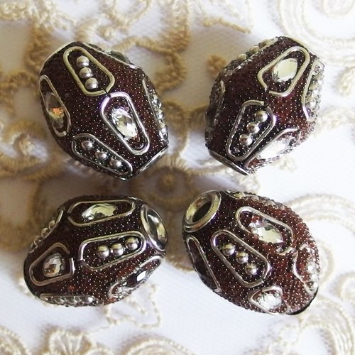 Lot perles ethniques indonésiennes kashmiri marron strass x4