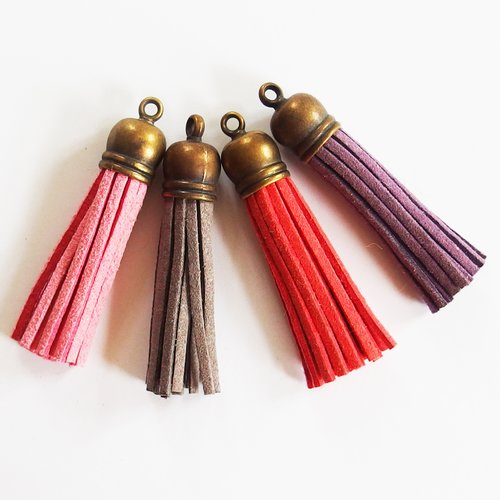 Breloques pompons suédine embout bronze assortiment brun rouge violet 55mm x4