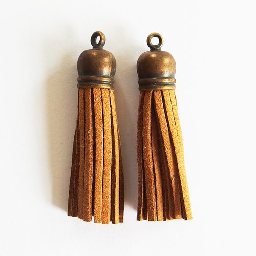 Breloques pompons suédine marron embout bronze 55mm x2