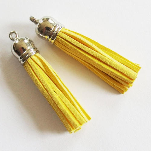 Breloques pompons suédine jaune embout argenté 55mm x2