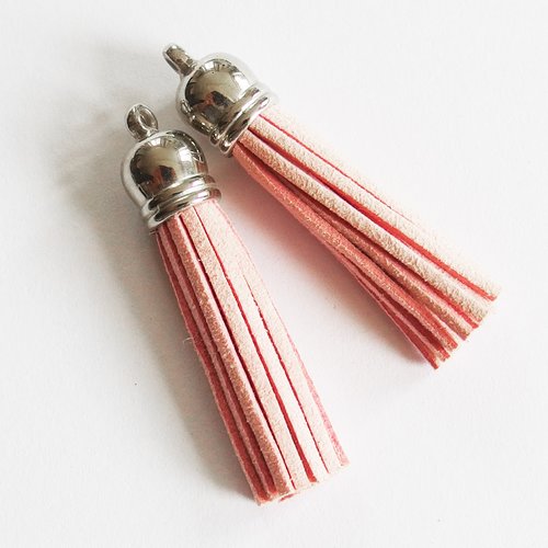 Breloques pompons suédine rose pale embout argenté 55mm x2