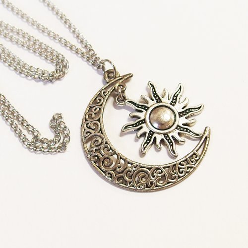 Grand pendentif lune soleil argent